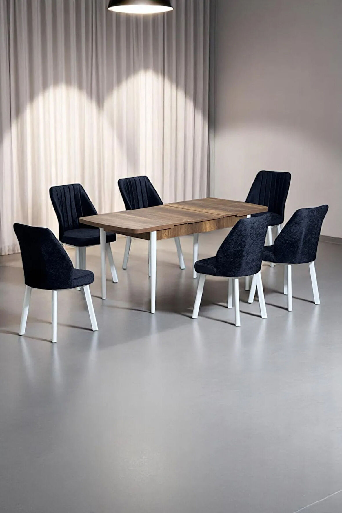 Sera Ceviz 80 x 132 Açılabilen Sunta Masa Beyaz Metal Ayaklı Mutfak Masası 6 Siyah Sandalye