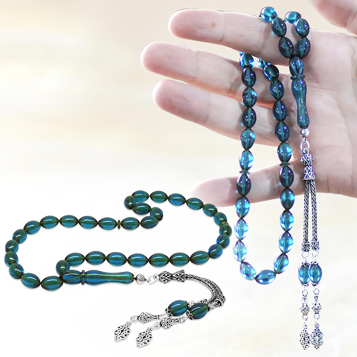 925 Ayar Gümüş Çift Püsküllü Arpa Kesim Turkuaz Ateş Kehribar Tesbih