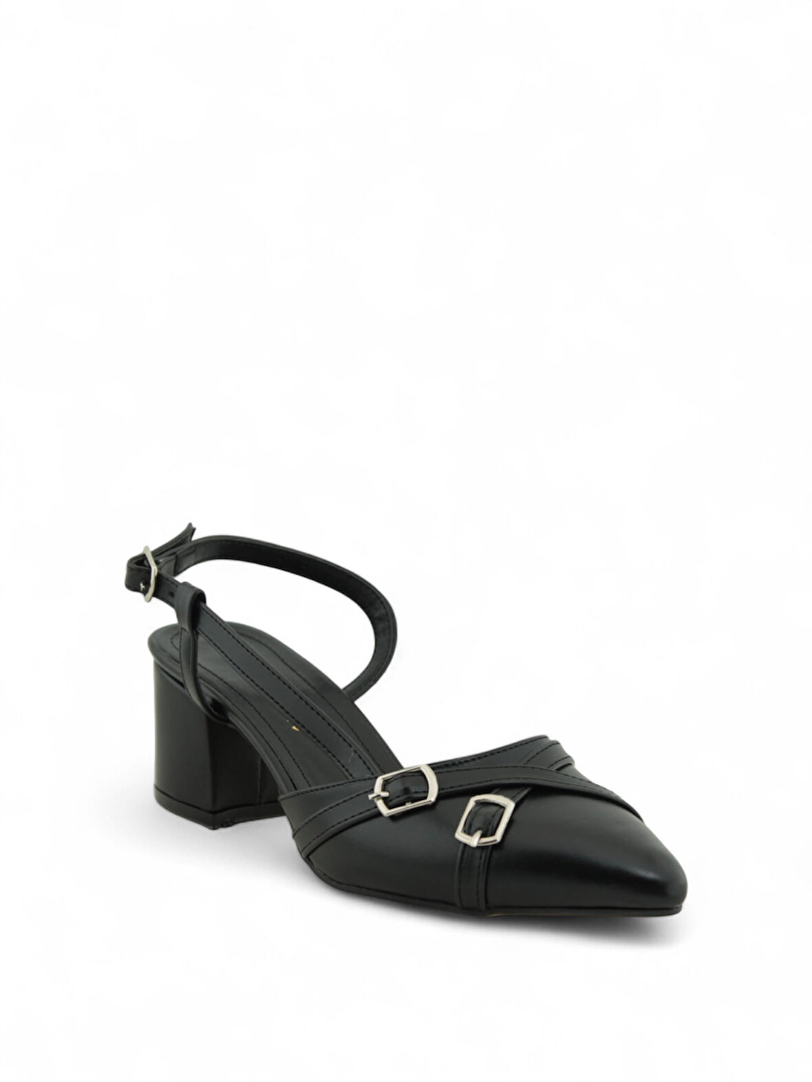 Kadın Kalın Ökçe Çift Tokalı 7 Pont Topuklu Ayakkabı