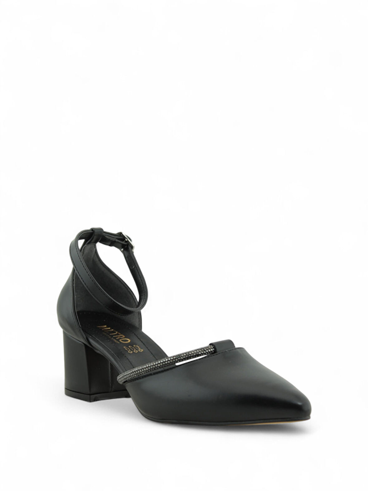 Kadın Kalın Ökçe Taşlı  Şeritli Tek Bantlı 7 Pont Topuklu Ayakkabı