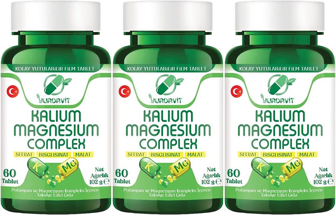 Yurdavit Potassium Magnesium Complex 3x60 Tablet Magnezyum Sitrate Malate Bisglycinate Kompleks 