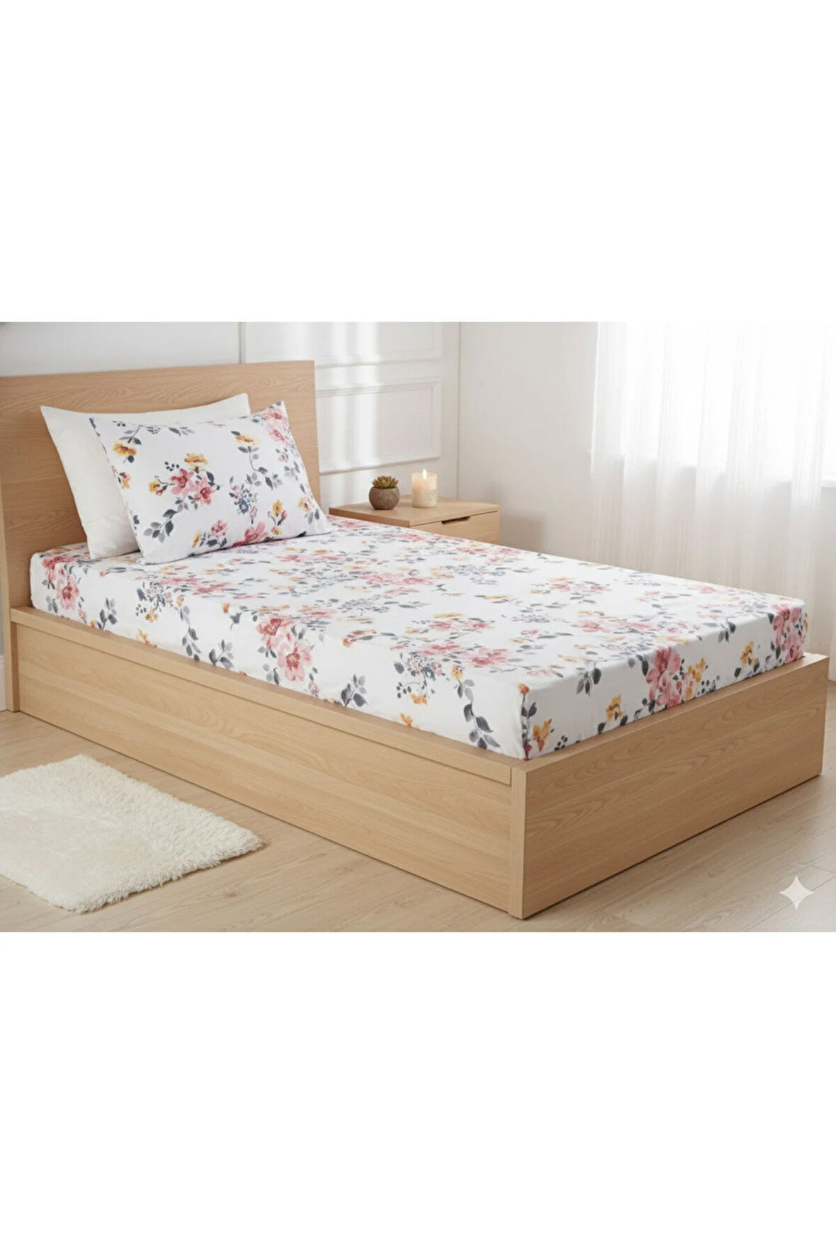 Makiteks %100 pamuklu çiçek desenli 120x200+50x70 cm tek kişilik lastikli çarşaf takımı