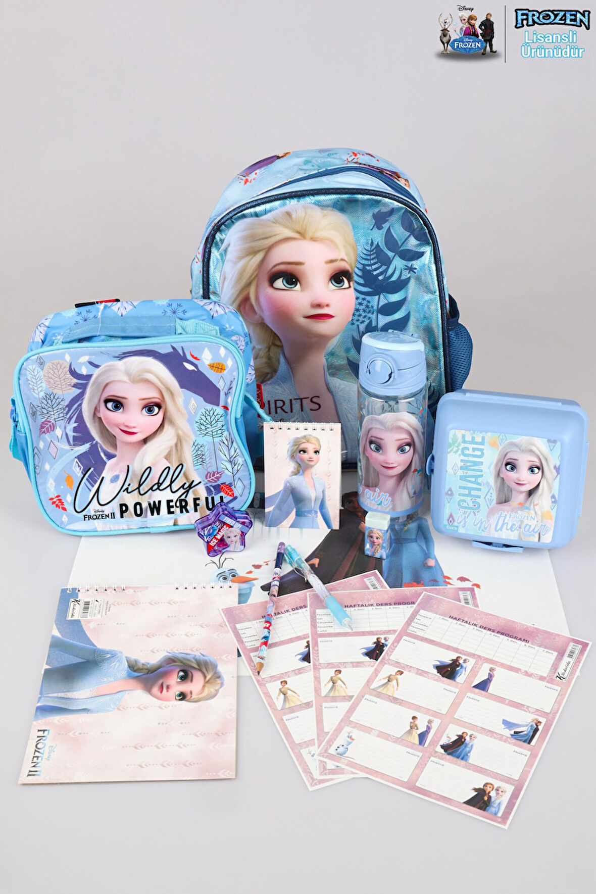 DEKOMUS LİSANSLI ELSA FROZEN TEK BÖLMELİ KÜÇÜK BOY 32 CM ANAOKUL VE BESLENME ÇANTASI,MATARA,BESLENME KABI İLE FULL OKUL/KIRTASİYE SETİ