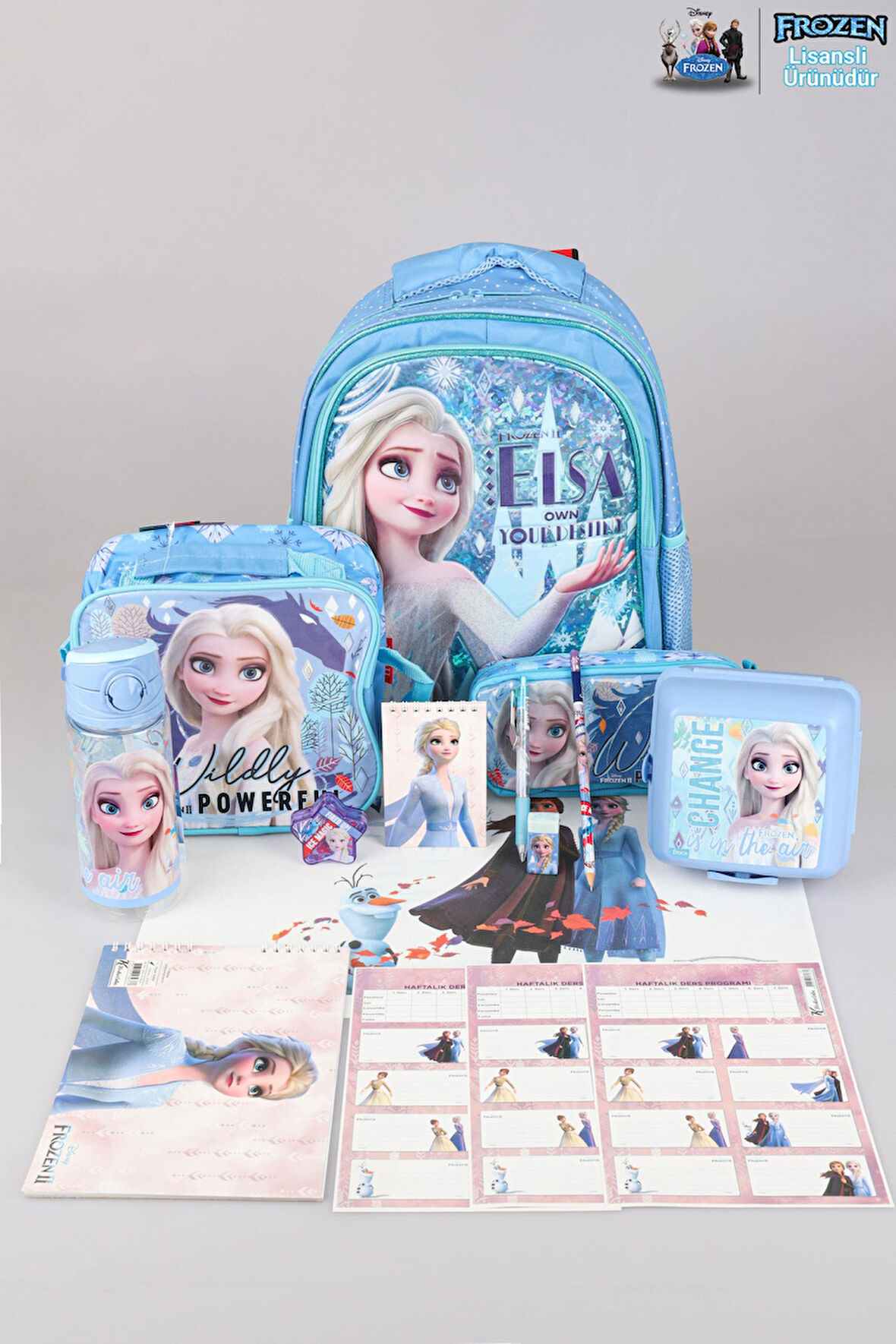 DEKOMUS LİSANSLI ELSA FROZEN OKUL,KALEM VE BESLENME ÇANTASI,MATARA,BESLENME KABI İLE FULL OKUL/KIRTASİYE SETİ