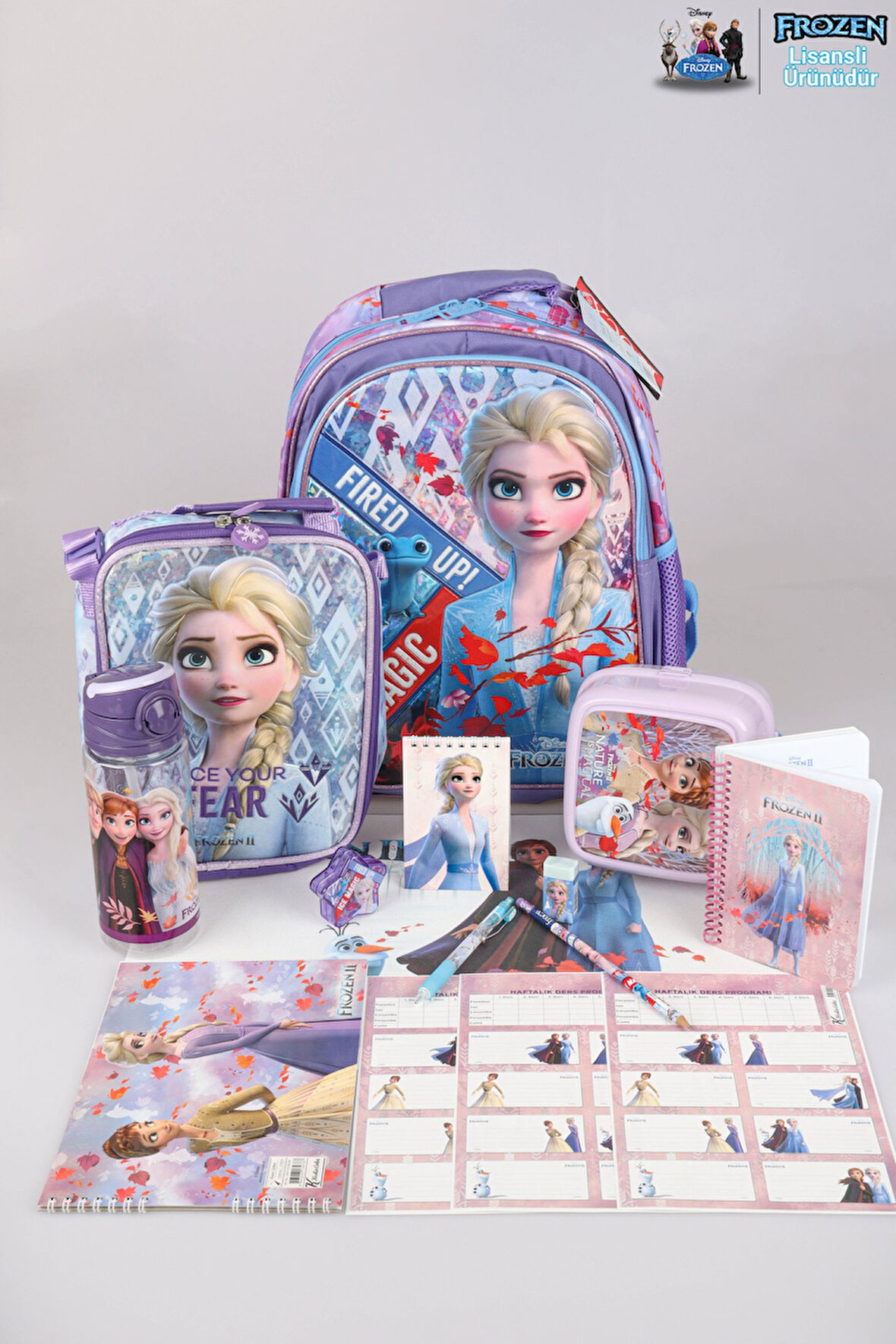 DEKOMUS LİSANSLI ELSA FROZEN "OKUL ÇANTASI VE BESLENME ÇANTASI,BESLENME KABI VE 500 ML TRITAN MATARA OKUL SETİ 