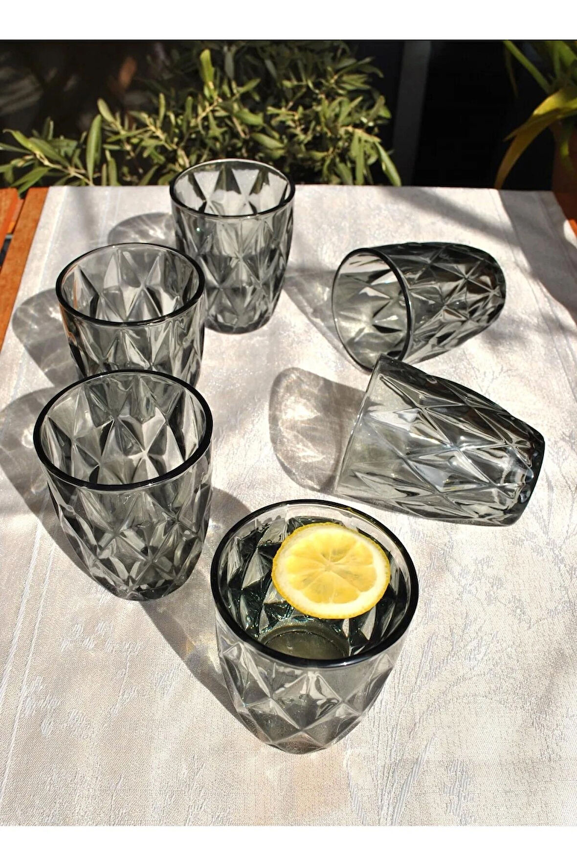 6 Adet Siyah Cam Meşrubat Bardağı 280 ml- Kristal Desen Su Bardak