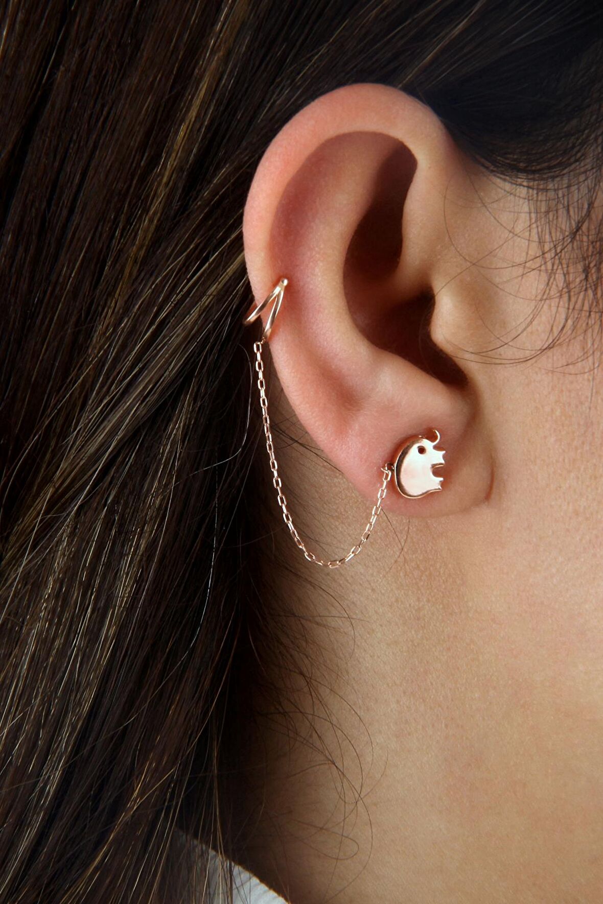 Fil Motifli 925 Ayar Gümüş Zincirli Rose Kıkırdak Küpe - K033501