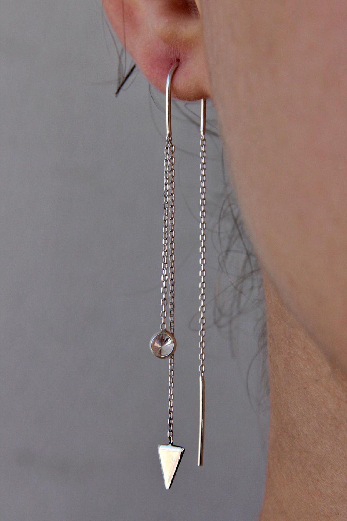 Üçgen Motifli 925 Ayar Gümüş Tasarım Zincir Küpe