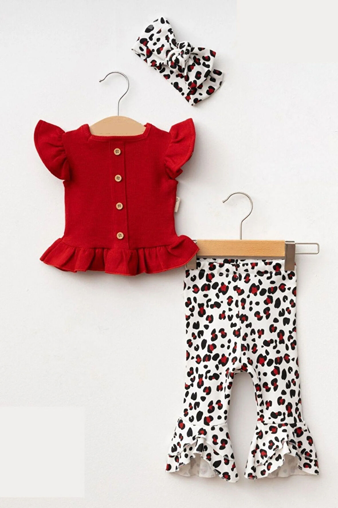 Kız Bebek Leopar Desenli Kolları Volanlı Bandanalı 3'lü Takım