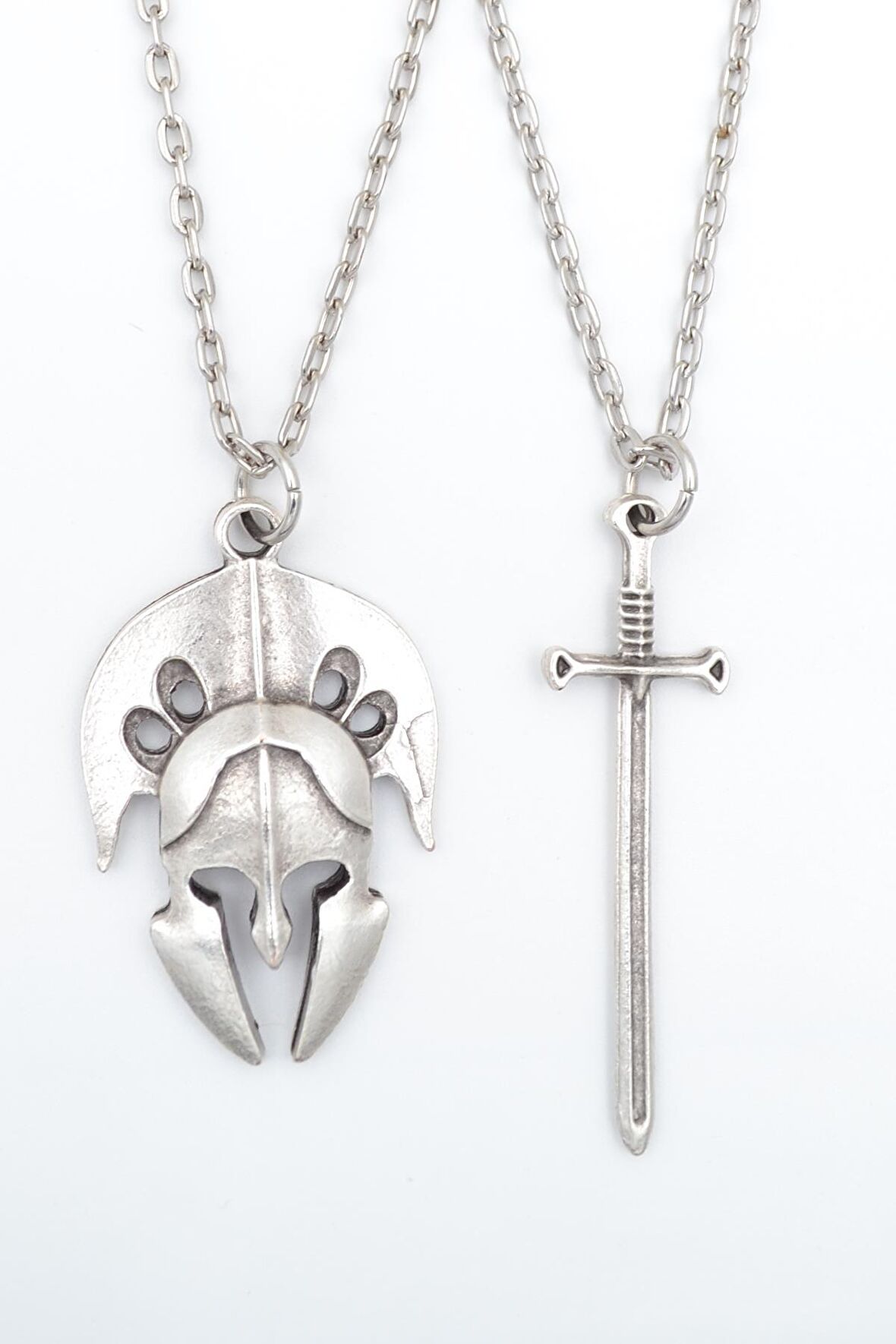 2'li Savaşçı Kılıç - Gladyatör Miğfer Erkek Kadın Kolye Seti 925 Ayar Gümüş Kaplama