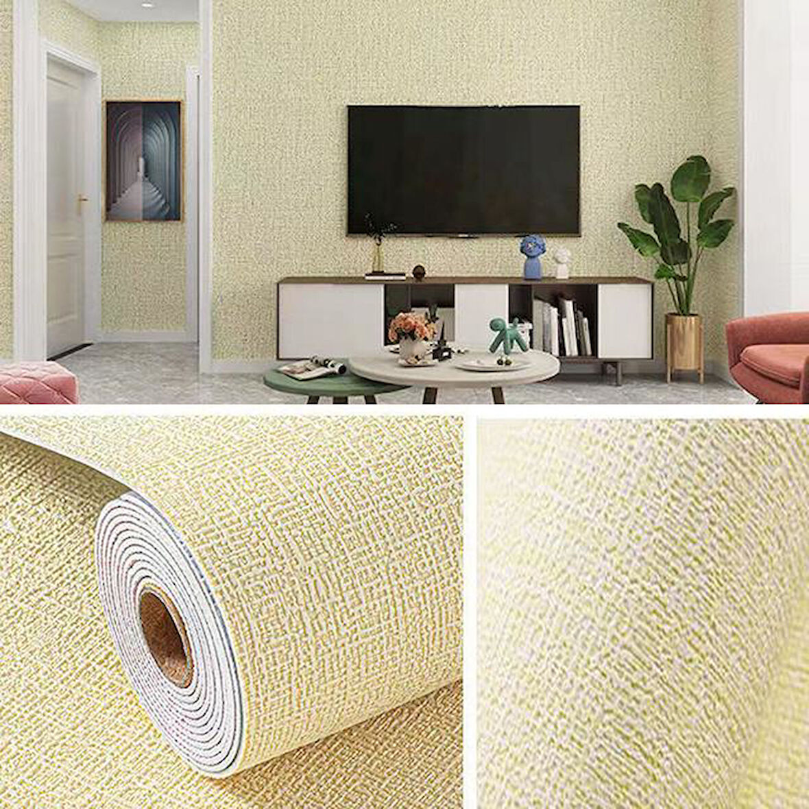 50x280 Cm (1,4m2) Keten Sarısı Kendinden Yapışkanlı Duvar Kağıdı   Dokulu Esnek Silinebilir