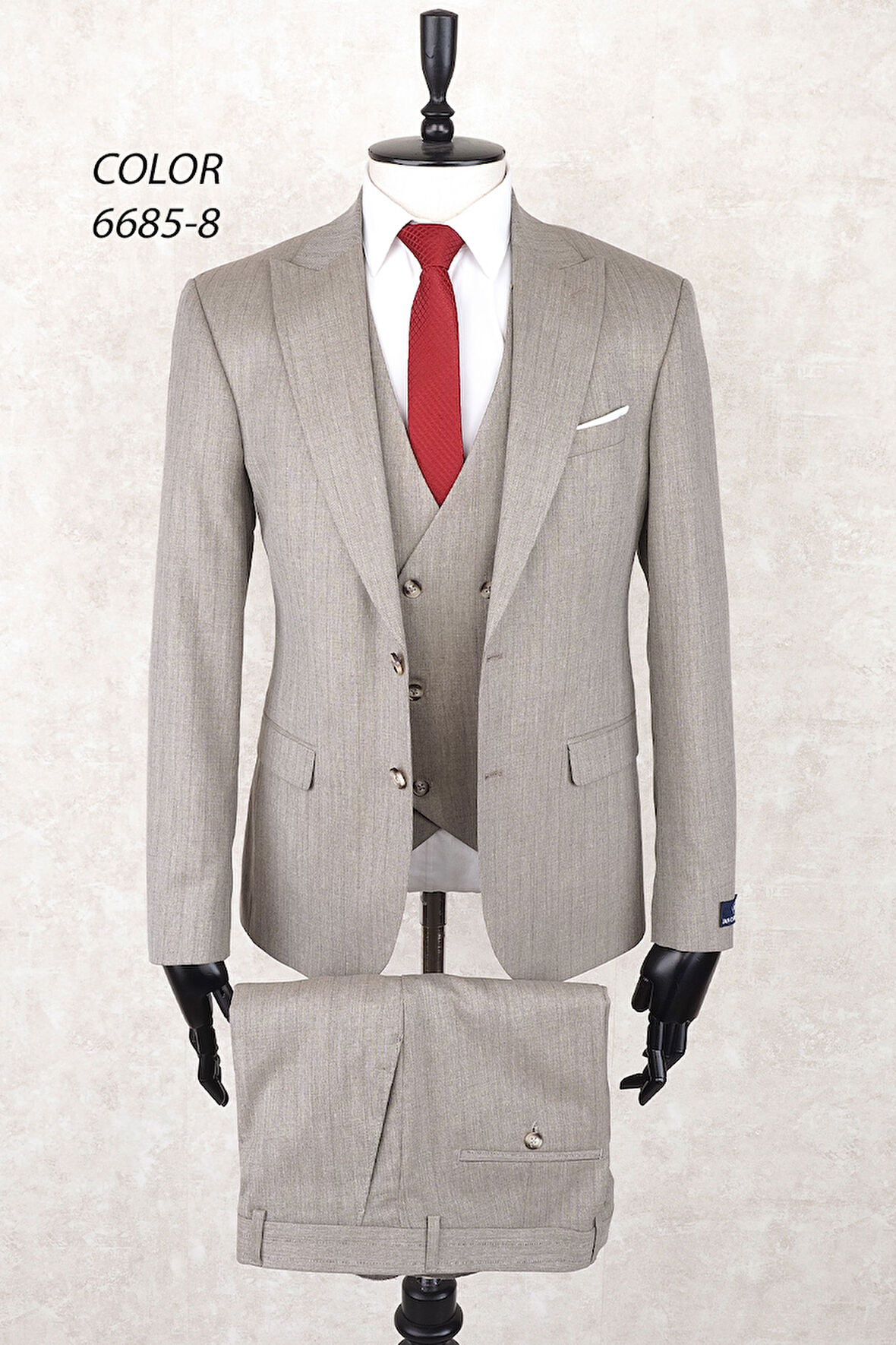Slim Fit Çizgili Sivri Yaka İki Düğme Çift Yırtmaç  Açık Kahve  Drop 6 Yelekli Takım Elbise