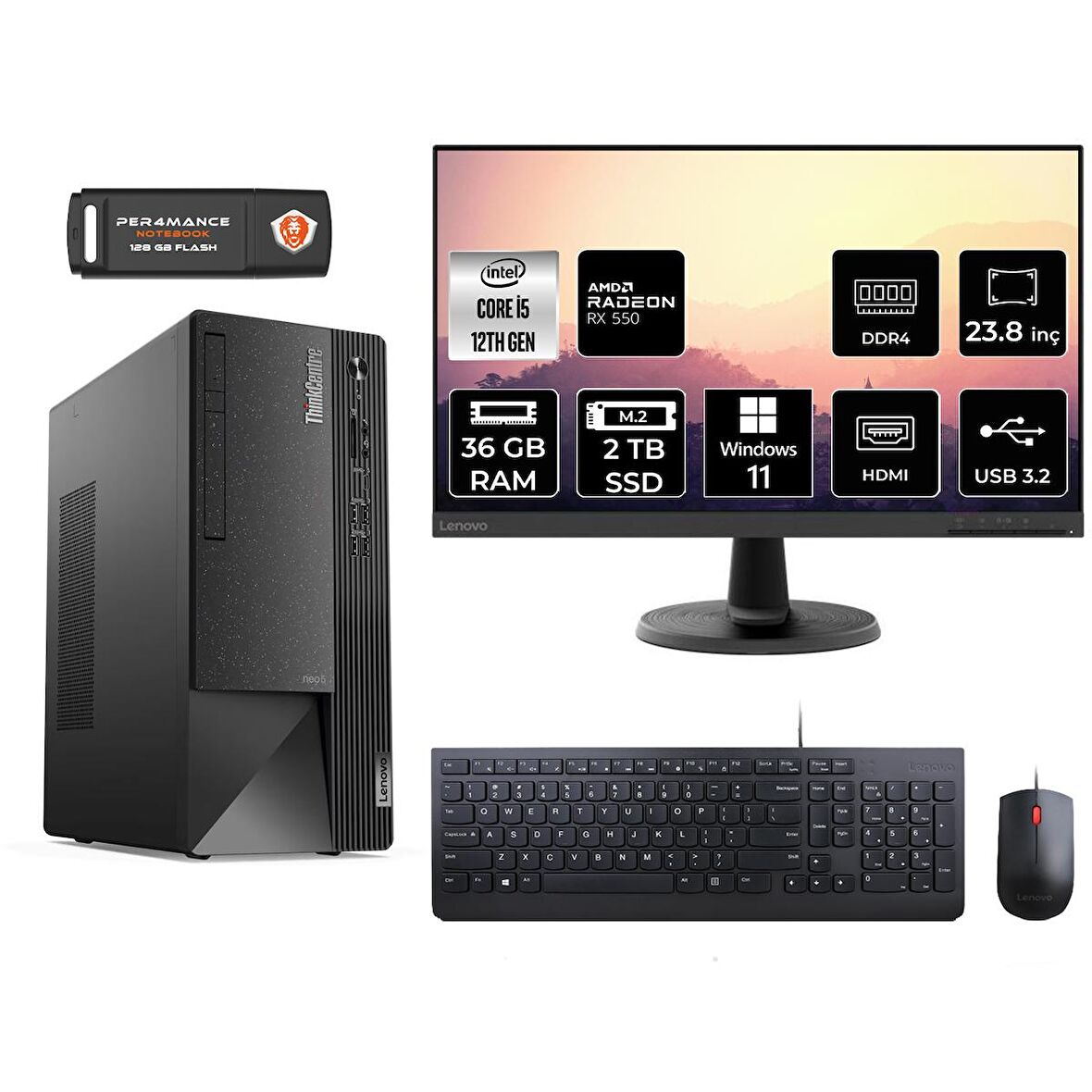 Lenovo ThinkCentre Neo 50T i5 12400 36GB 2TB SSD RX550/4GB W11H 11SE00BJTX MASAÜSTÜ PC & 23.8" MONİTÖR