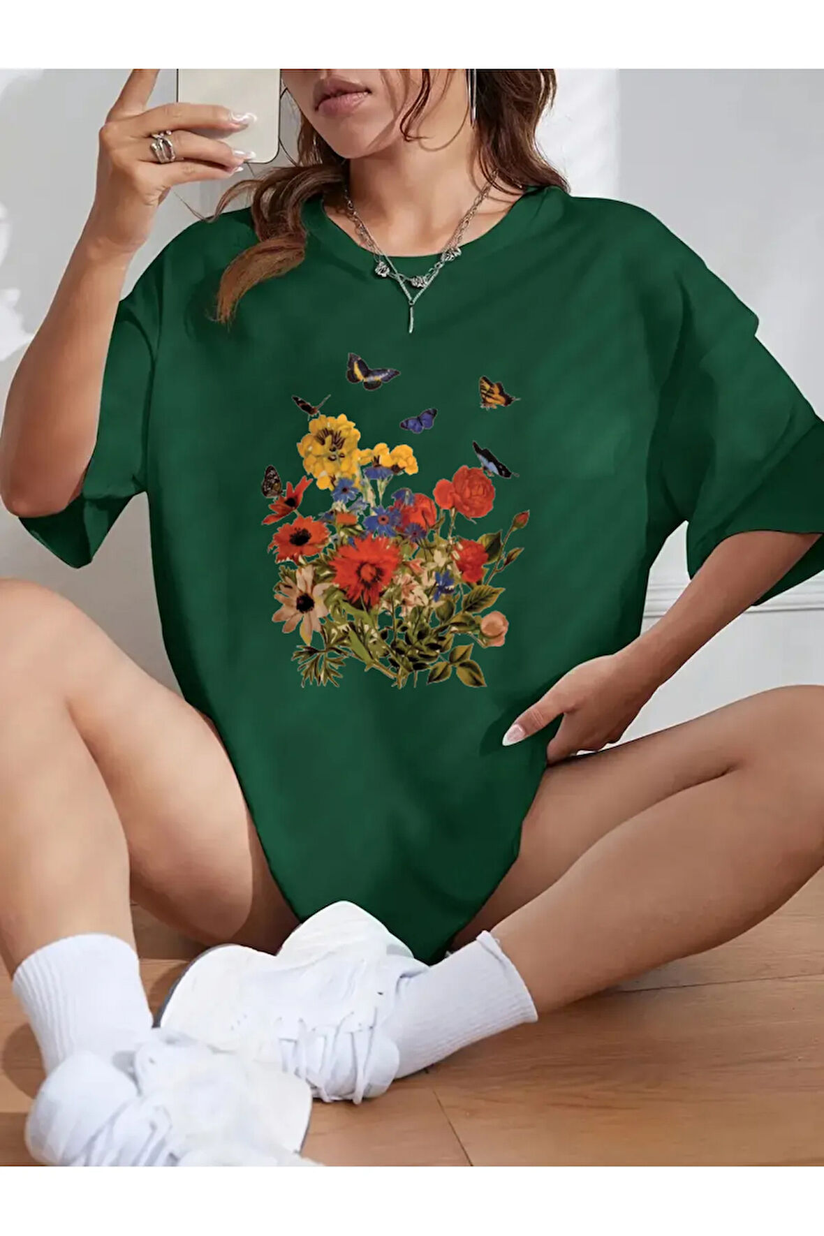 Unisex Pamuklu Butterfly Flowers Ön Baskılı Tasarım Tshirt