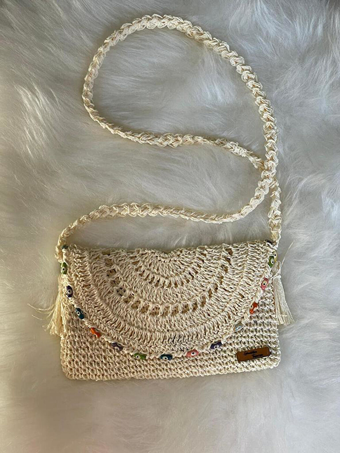 EL ÖRGÜSÜ NAZAR BONCUKLU 27X19CM ASKILI KAĞIT İP CLUTCH PORTFÖY ÇANTA