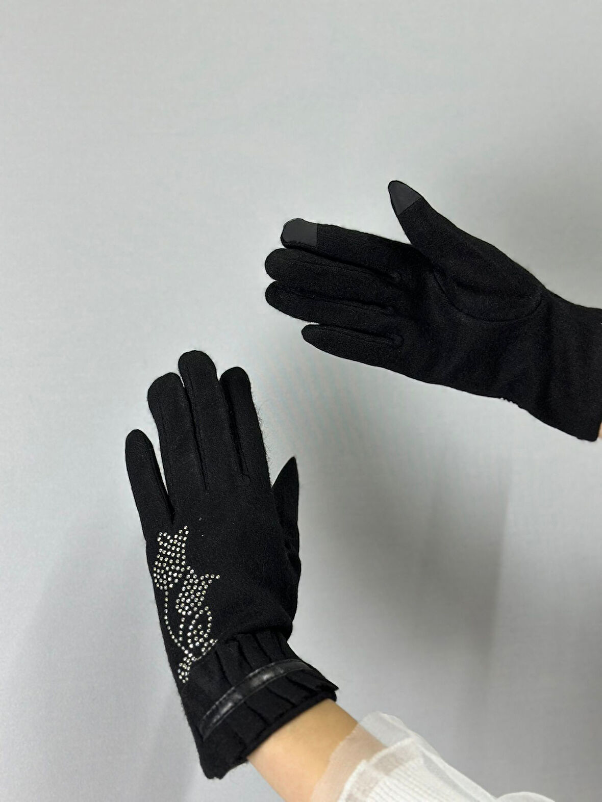 ÇİÇEK DESENLİ FIRFIRLI DOKUNMATİK PARMAK KADIN ELDİVEN KAŞMİR