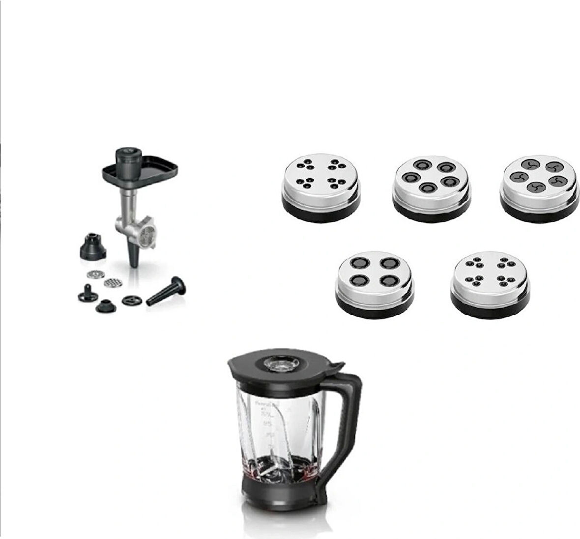 Bosch Mutfak Şefi MUMS6ZS00 -MUMSZ6ZS17 3 Lü Aksesuvar Seti Kıyma Aparatı- Makarna Diks -Cam Blender Aparatı