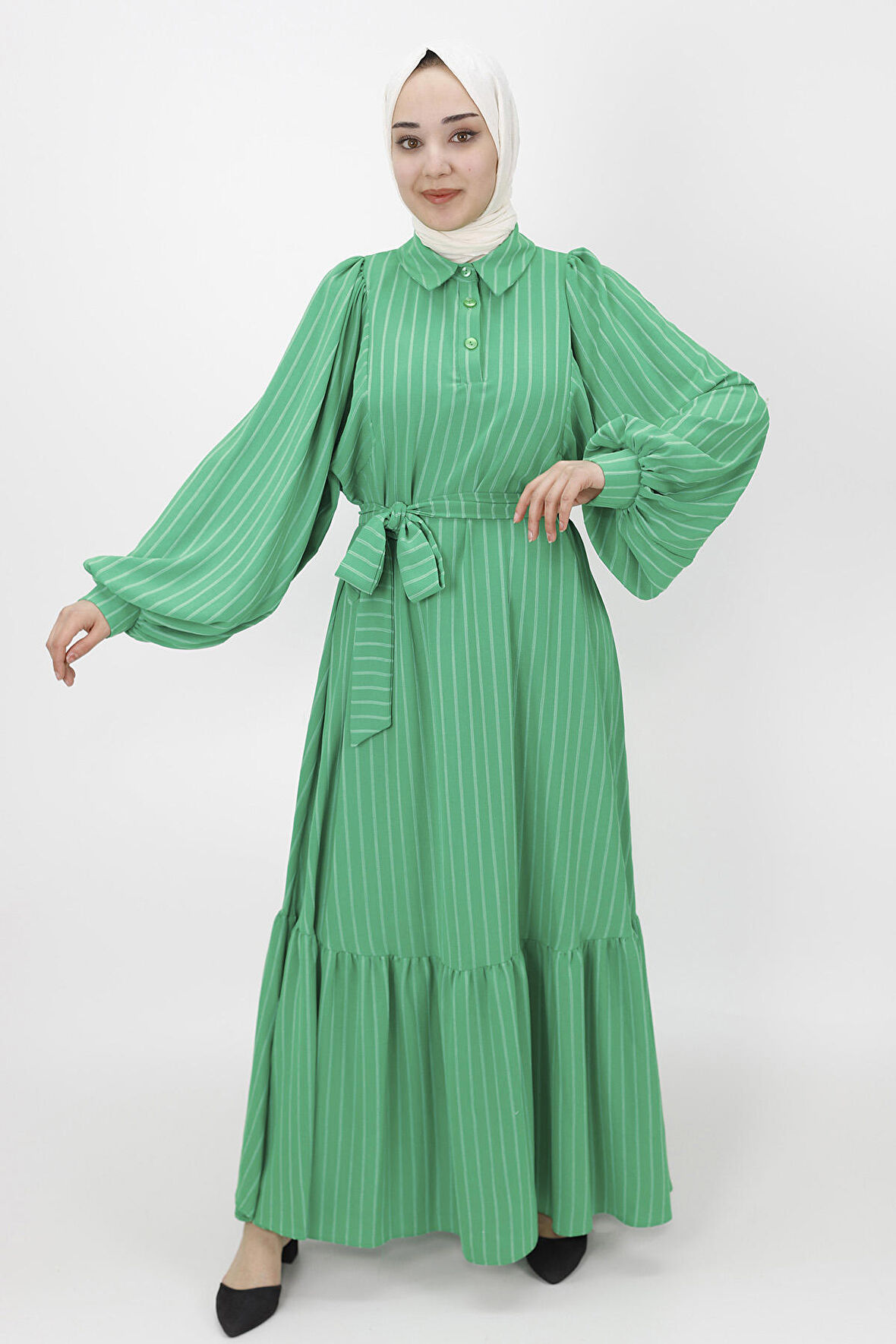 Çizgili Kemerli Salaş Elbise