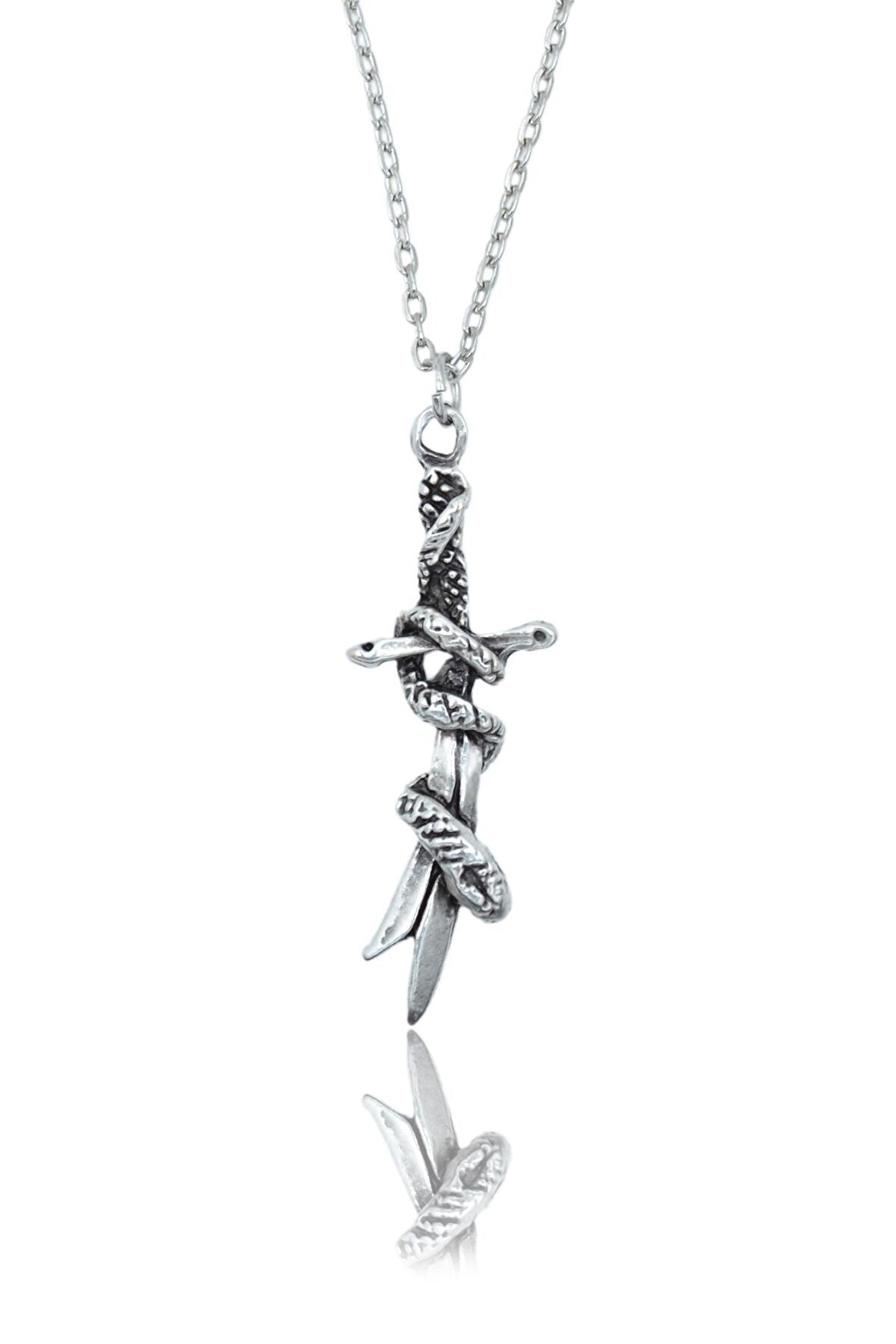 Savaşçı Kılıç - Yılan Erkek Kadın Kolye Antik Gümüş Kaplama - 60 cm Düz Zincir