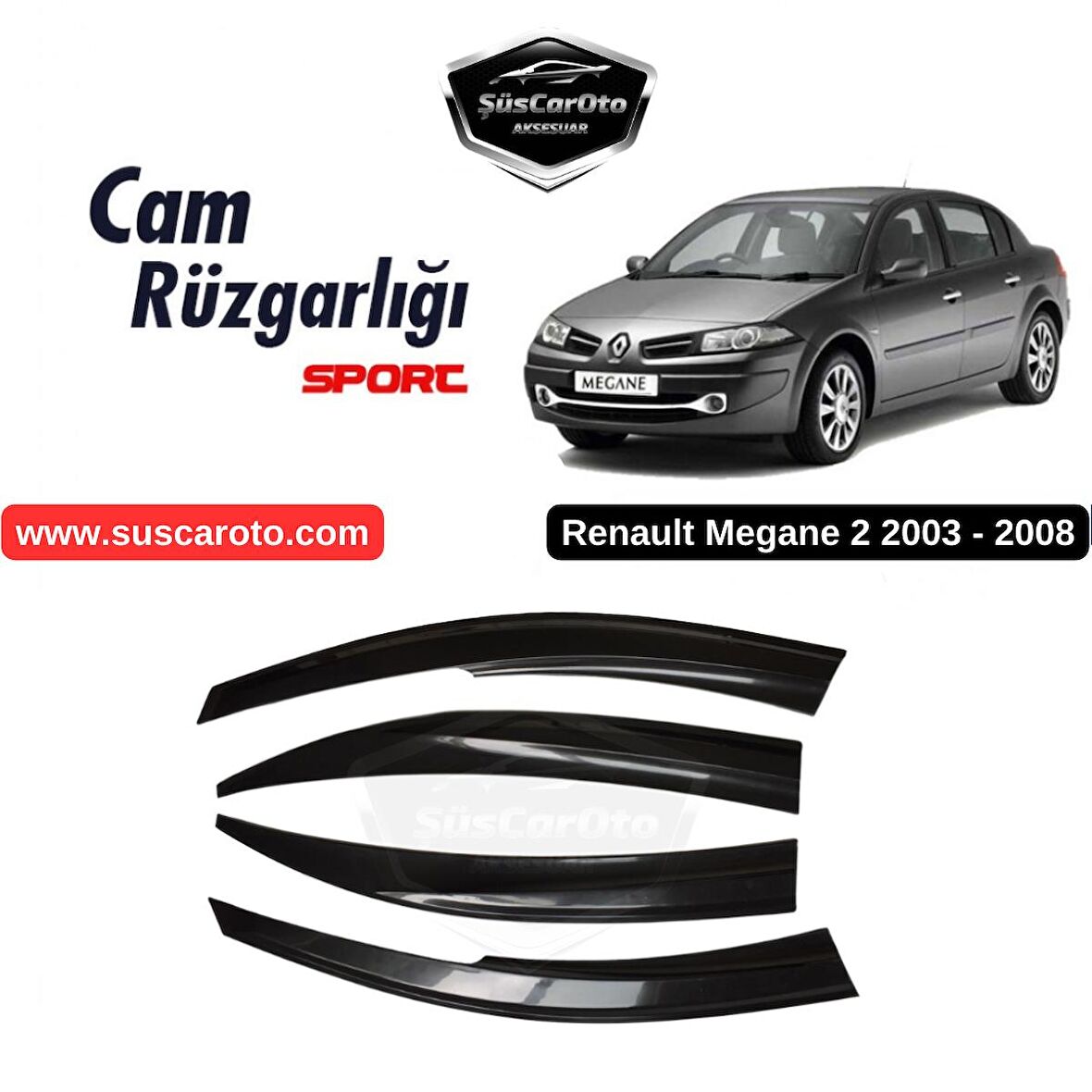 Renault Megane 2 2003-2008 Uyumlu Mugen Cam Rüzgarlığı Seti Piano Black 4'lü İthal