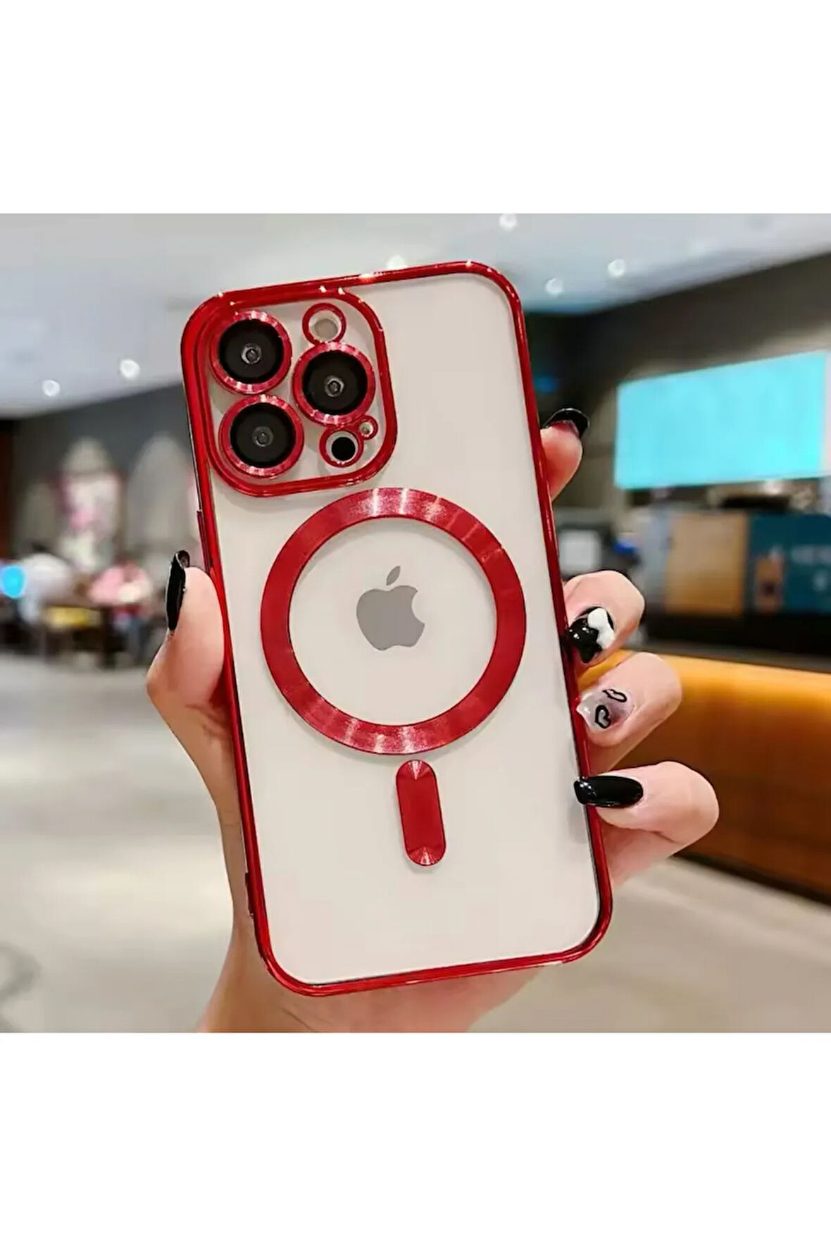 İPHONE 12 PRO MAX UYUMLU OMEGA MAGSAFE SERT KILIF KAMERA LENS AÇIK ŞEFFAF KENAR KIRMIZI