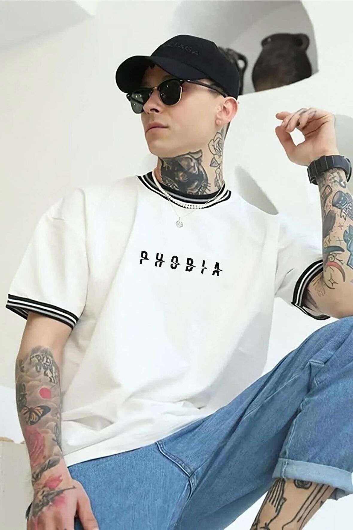 Unisex Oversize Bisikletyaka Ribanalı T-Shirt