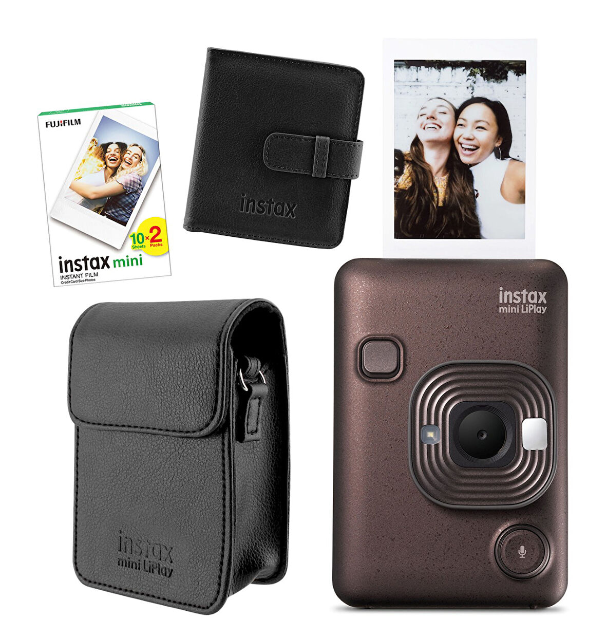 Fujifilm Instax Mini LiPlay Hybrid Deep Bronze Fotoğraf Makinesi 20'li Film Albüm ve Deri Kılıf Hedi