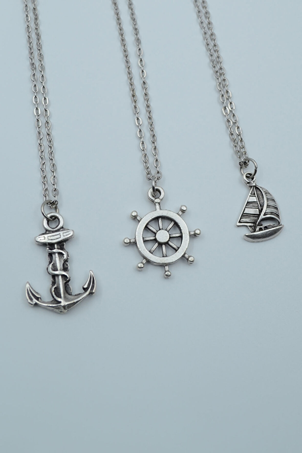 3'lü Gemici Dümen Çapa Yelkenli Gümüş Kaplama Kolye Seti