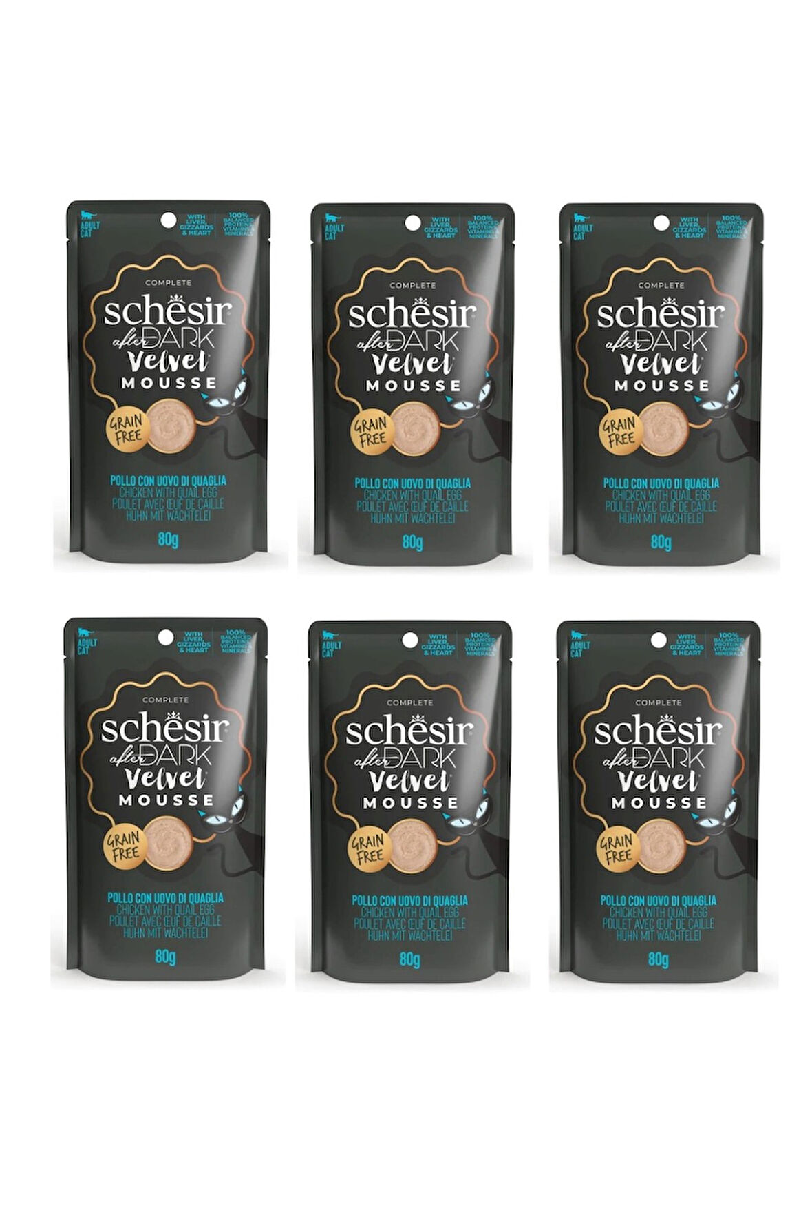 Schesir After Dark Tavuk ve Bıldırcın Yumurtalı  Pouch Mousse Kedi Yaş Mama 80 Gr. X 6 Adet