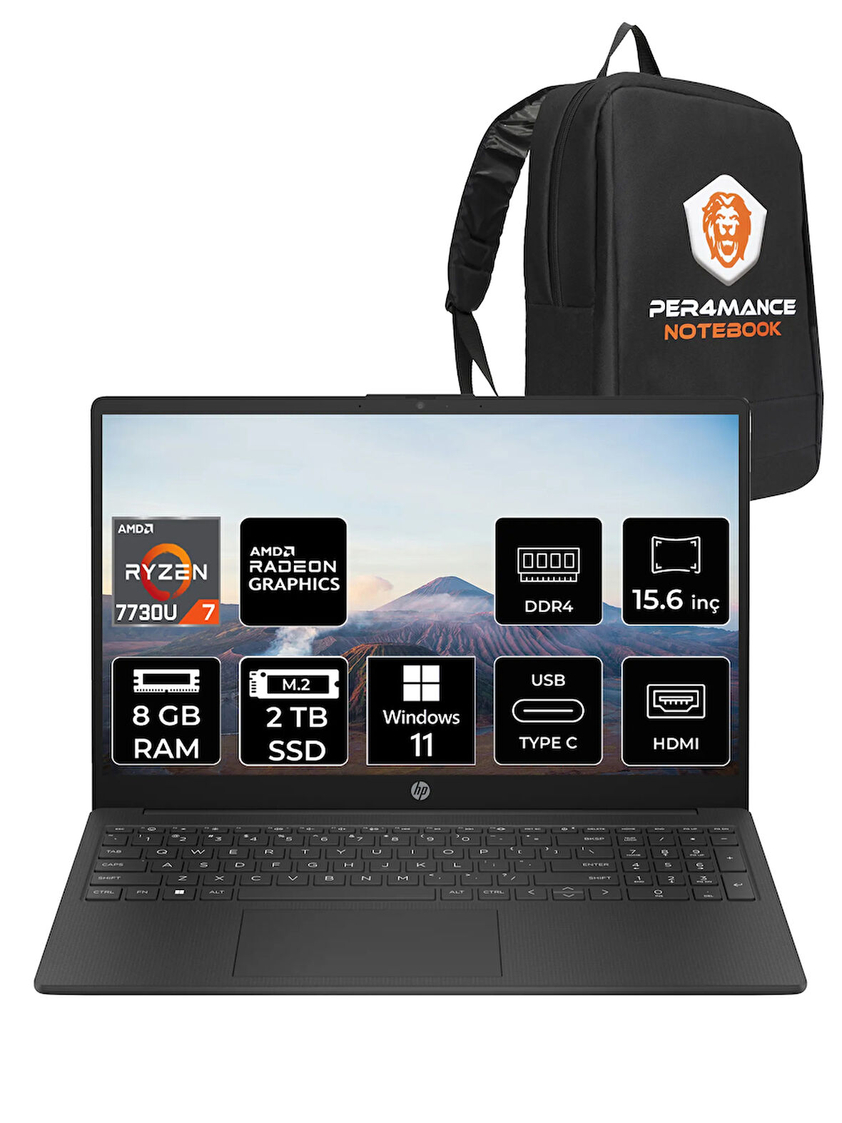 HP 15 R7 7730U 8GB 2TB SSD 15.6" FHD W11H Taşınabilir Bilgisayar & PER4 Çanta