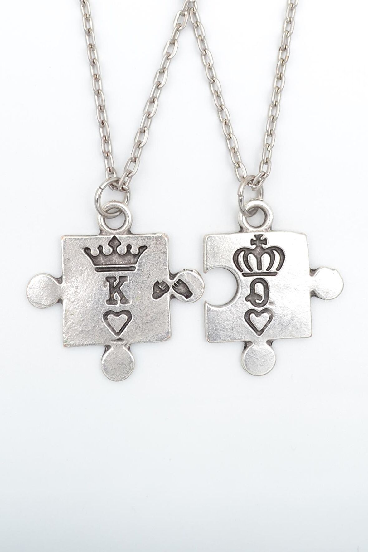 2'li Puzzle - Quenn - King - Sevgili Erkek Kadın Kolye Seti 925 Ayar Gümüş Kaplama