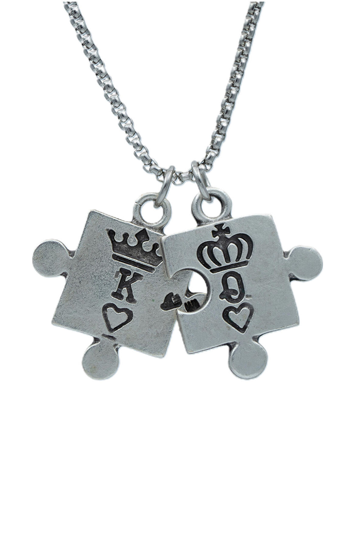 Puzzle - Queen - King - Sevgili Örme Zincir Kolye - Gümüş Kaplama - Erkek Kadın Kolye - No:1470
