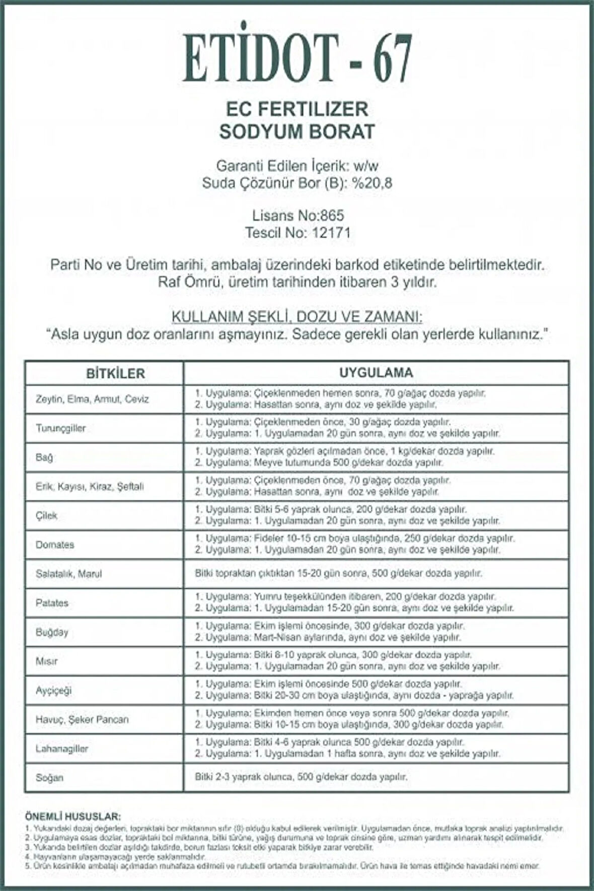 ETİDOT-67 BORLU GÜBRE 10 Kg.