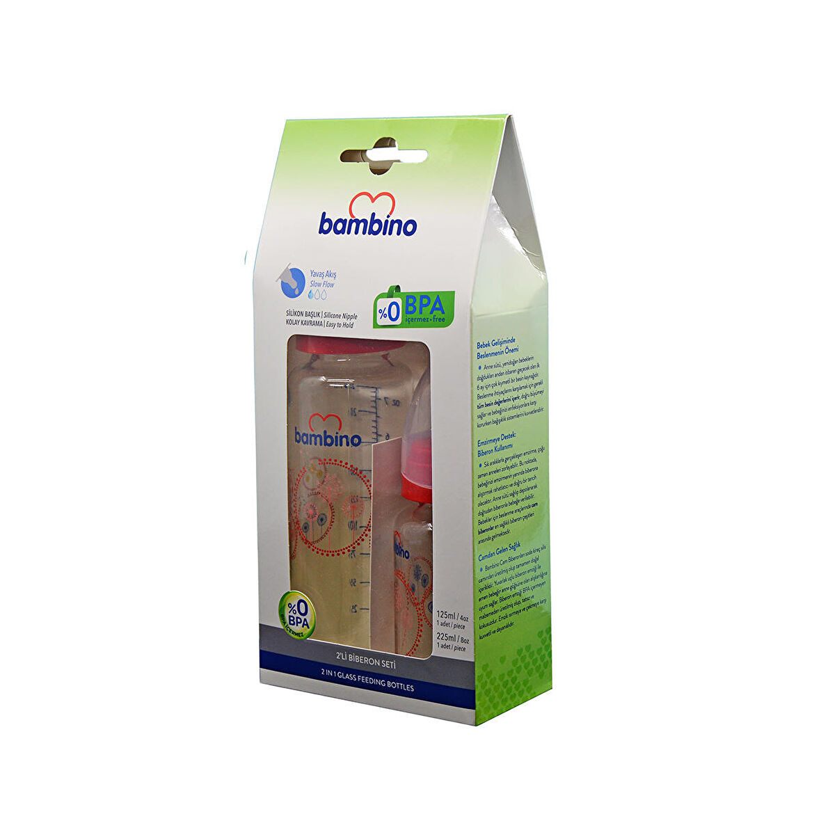 Bambino 2li Cam Biberon Seti 225ml+125ml  Kırmızı