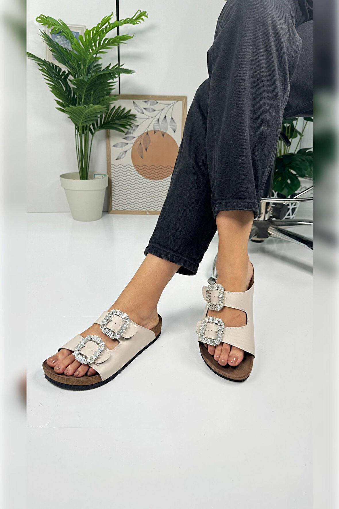 Günlük Kadın Terlik Taşlı Çift Bantlı Mantar Taban Kalın Taban Ayarlanabilir Tokalı Rahat Hafif 123