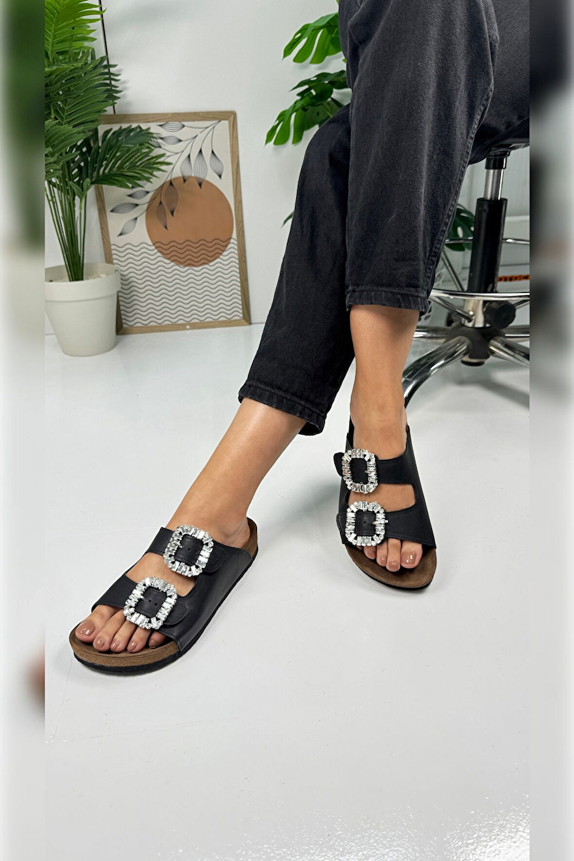Günlük Kadın Terlik Taşlı Çift Bantlı Mantar Taban Kalın Taban Ayarlanabilir Tokalı Rahat Hafif 123
