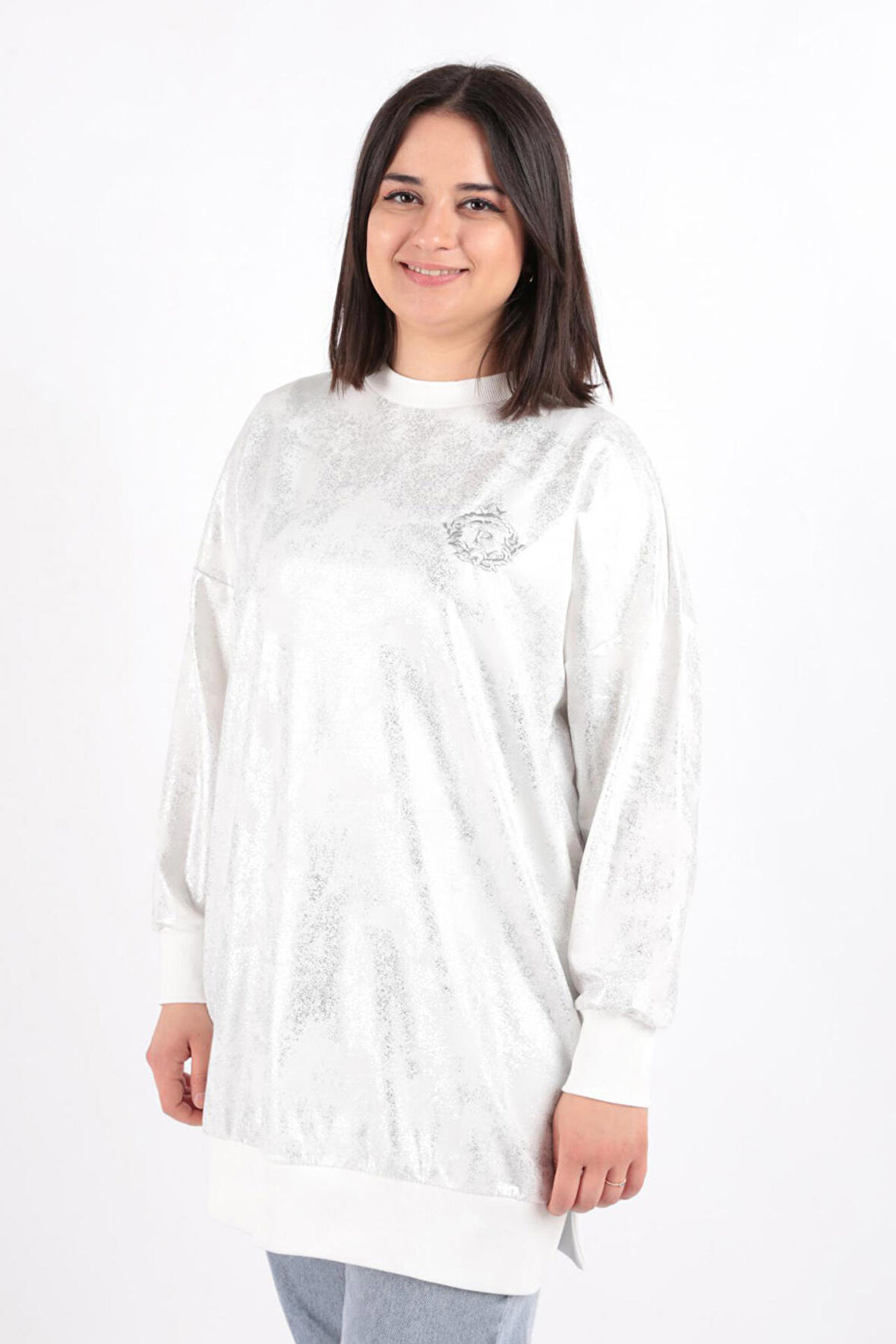 Puane 10450 Kadın Gümüş Varak Baskılı Sweatshirt Tunik Ss