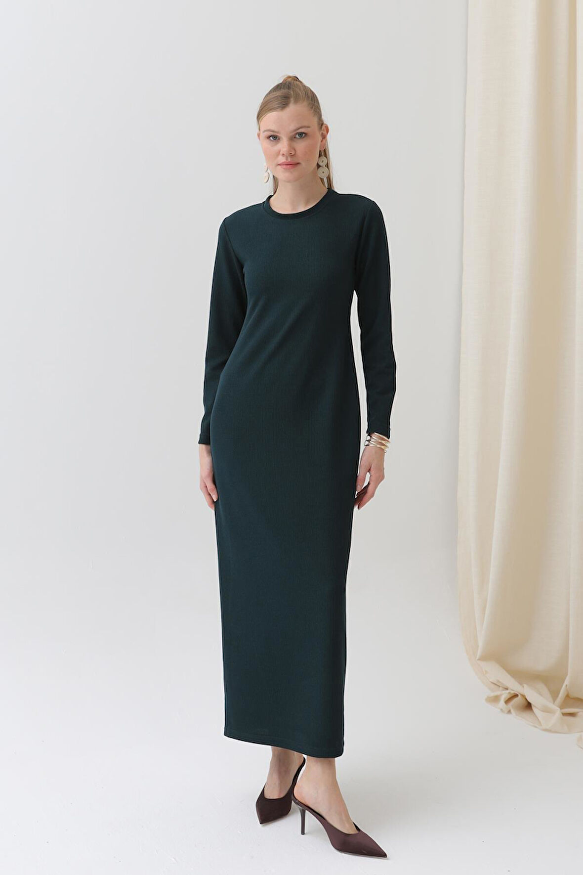 Kadın Basic Uzun Kollu Triko Maxi Elbise-12591ELB