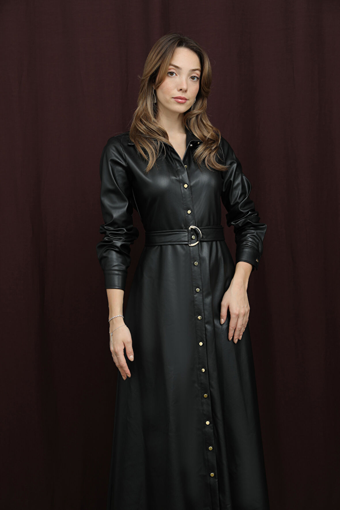 Loreen Kadın Kuşaklı Deri Elbise - 20709ELB