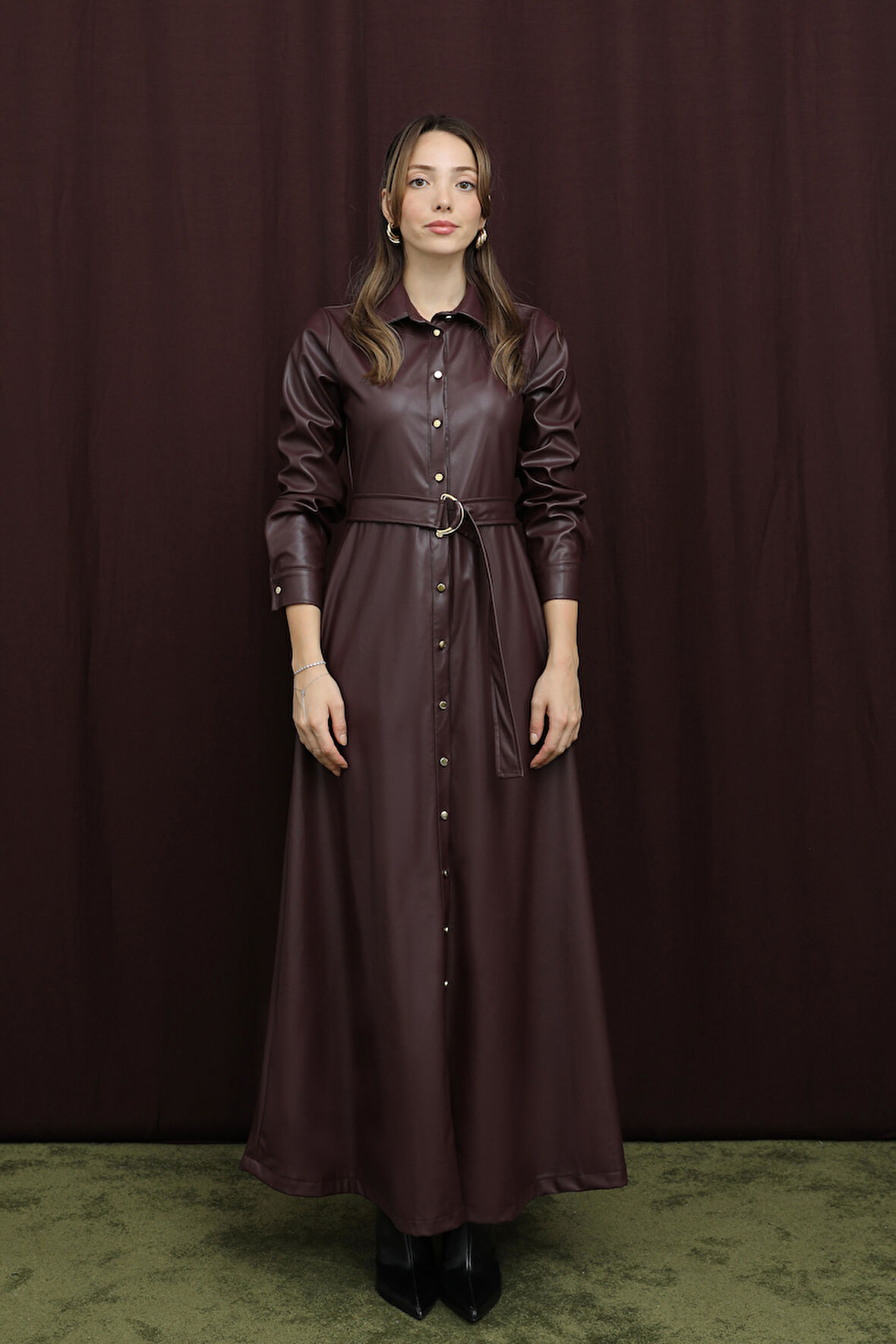 Loreen Kadın Kuşaklı Deri Elbise - 20709ELB