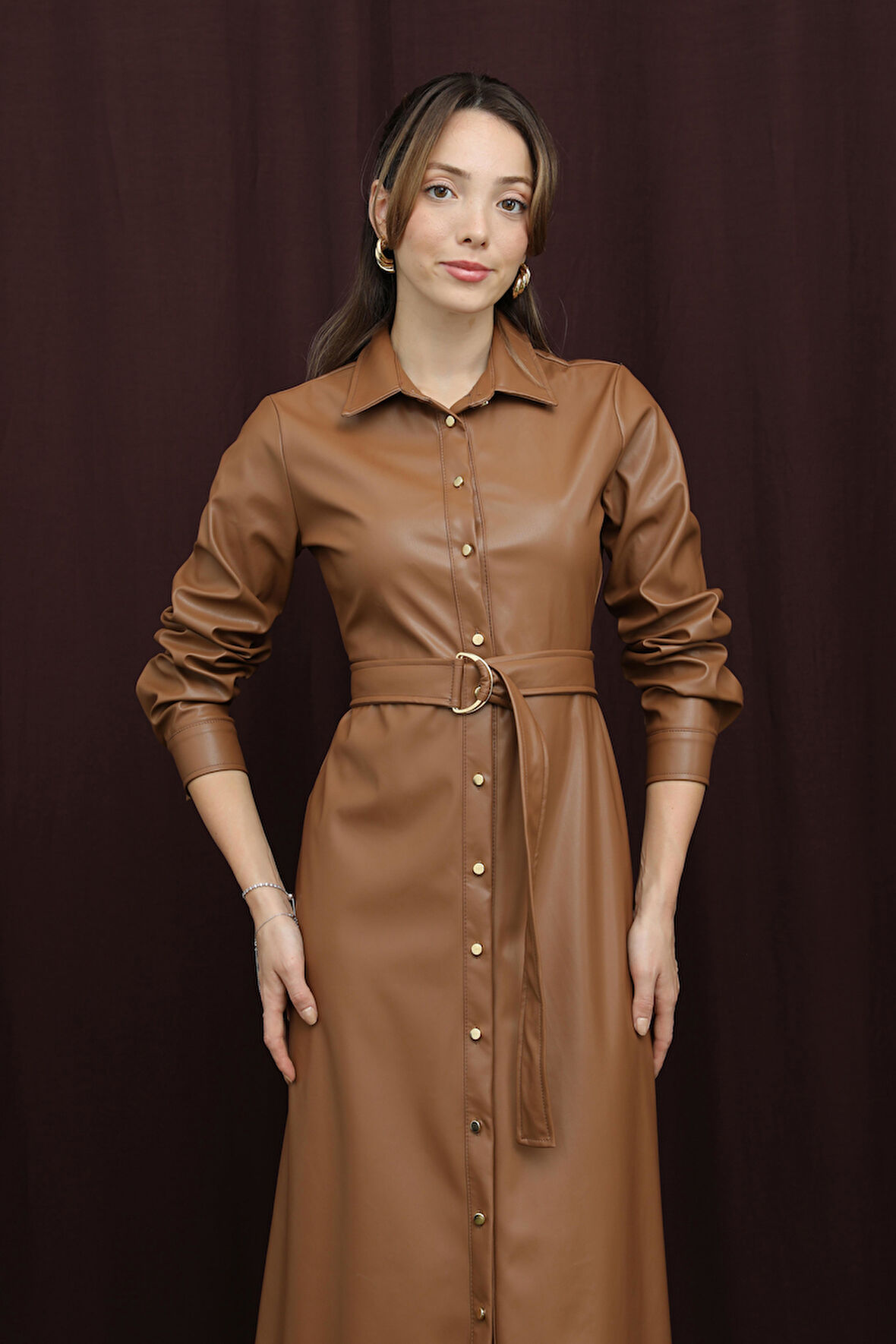 Loreen Kadın Kuşaklı Deri Elbise - 20709ELB