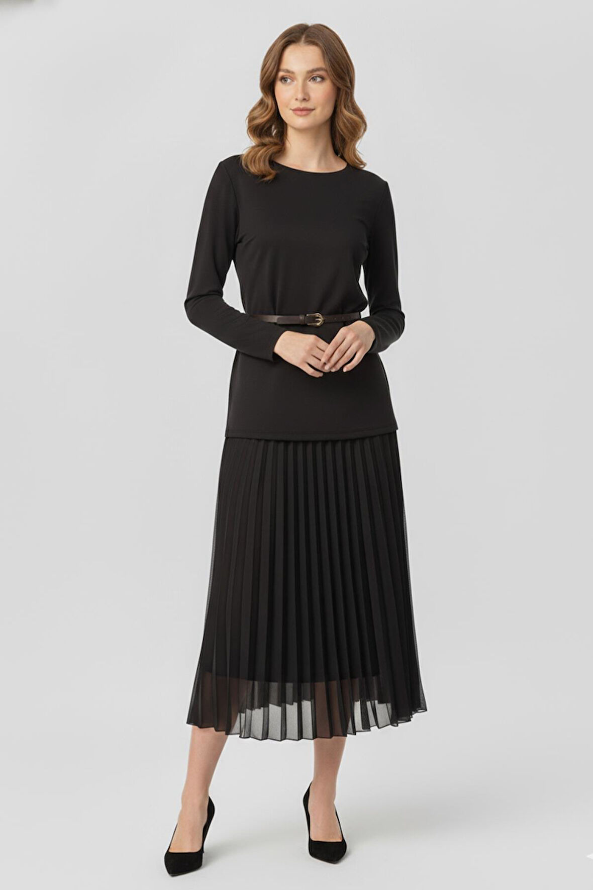 Puane Kadın Beli Kemerli Pilise Detaylı Elbise - 12654ELB