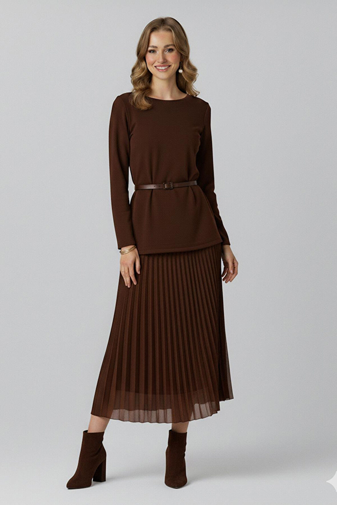 Puane Kadın Beli Kemerli Pilise Detaylı Elbise - 12654ELB