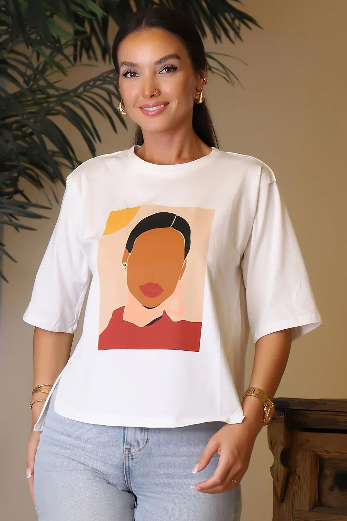 BASKILI SIFIR YAKA EKRU KADIN T-SHİRT  27853-2Y4