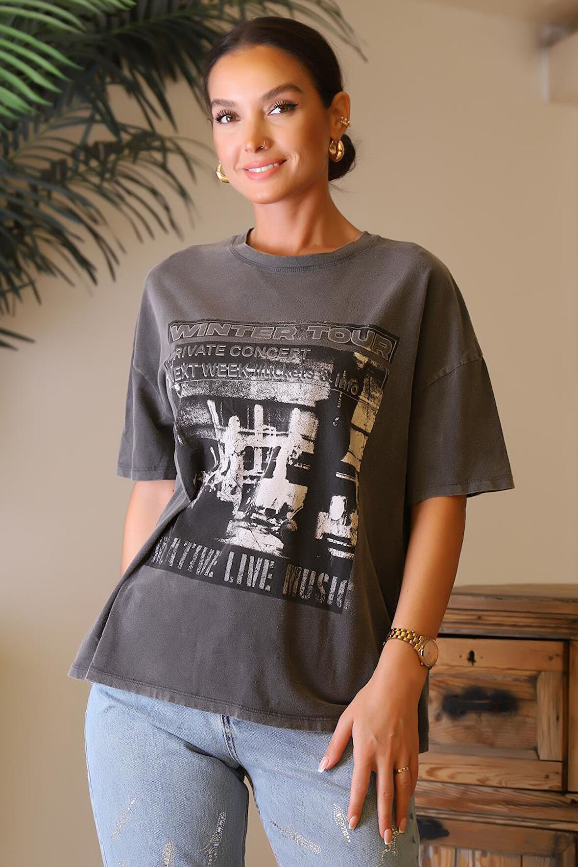 BASKILI GRİ KISA KOLLU KADIN T-SHİRT  S0016029-2Y4