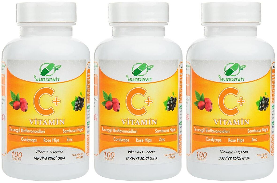 Yurdavit Vitamin C Vitamini 1000 Mg 3x100 Tablet Kuşburnu Çinko Kordiseps Mantarı Kara Mürver 