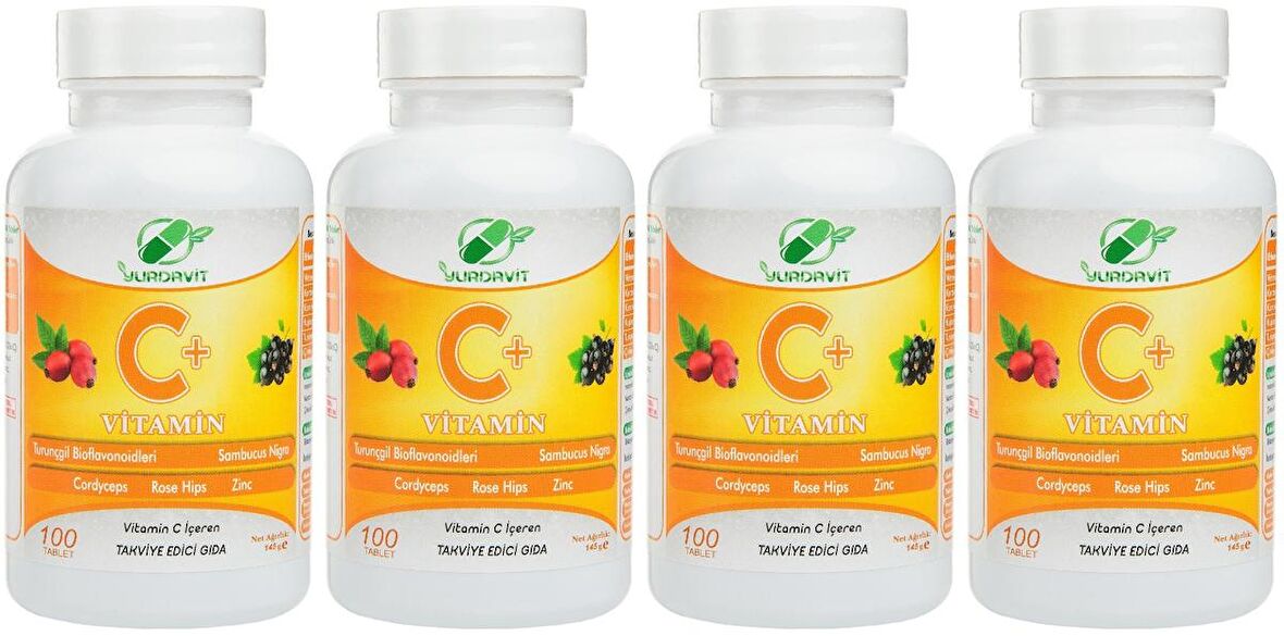 Yurdavit Vitamin C Vitamini 1000 Mg 4x100 Tablet Kuşburnu Çinko Kordiseps Mantarı Kara Mürver 