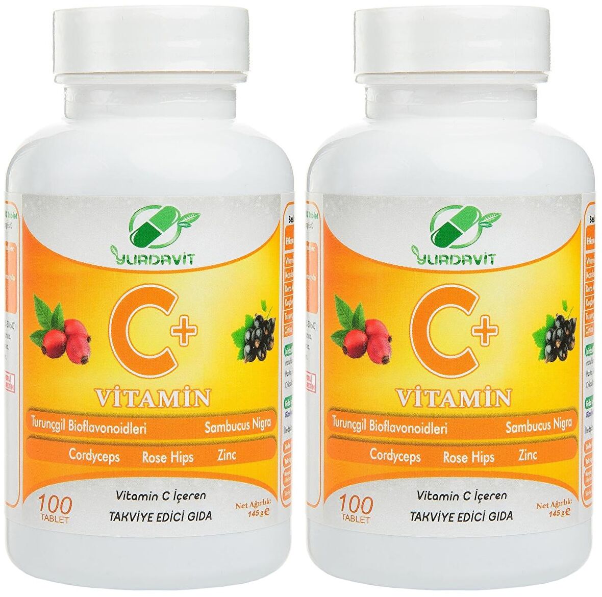 Yurdavit Vitamin C Vitamini 1000 Mg 2x100 Tablet Kuşburnu Çinko Kordiseps Mantarı Kara Mürver 