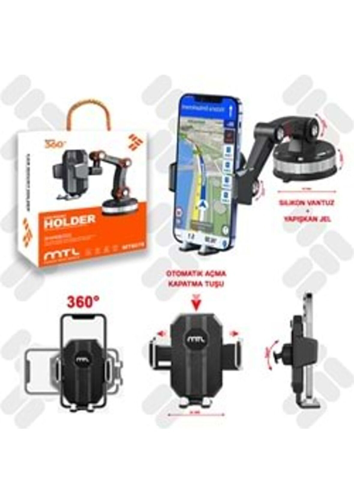 ARAÇ TORPİDO ÜSTÜ VE CAMA YAPIŞAN 360 DÖNERLİ MANDALLI ARAÇ İÇİ TELEFON TUTUCU MT6071