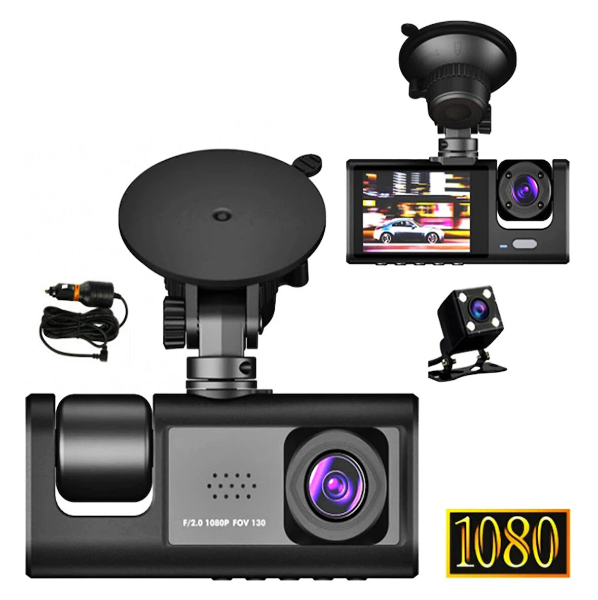 1080P Ön-Arka 3 Kameralı 1.2”HD Ekran ve G Sensörlü Akıllı Araç Kamerası -S1-